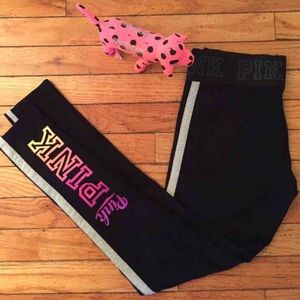 PINK Yoga leggings with PINK on lower leg.
